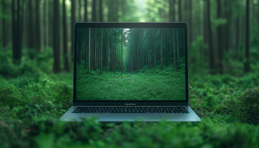 Laptop in green forest
