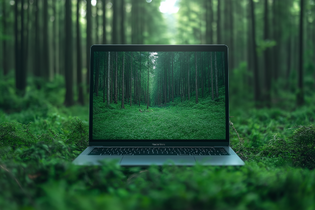 A laptop surrounded by green forest